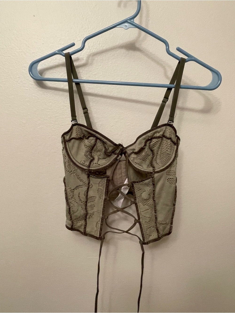 Out From Under Olive Lace-Up Lace Bustier Top Size Medium